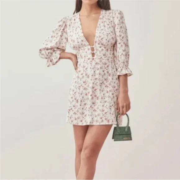 Reformation Marina Ditsy Floral Cream Mini Dress Size 0 - Picture 1 of 12